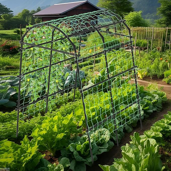 7.22 Ft Tall Garden Trellis, Garden Arch Tunnel for Climbing Plants, Garden Arch Walkway Trellis with Netting, PE-Coated Steel Garden Arbor for Vegetables, Cucumbers, Garden Raised Bed(Black)
