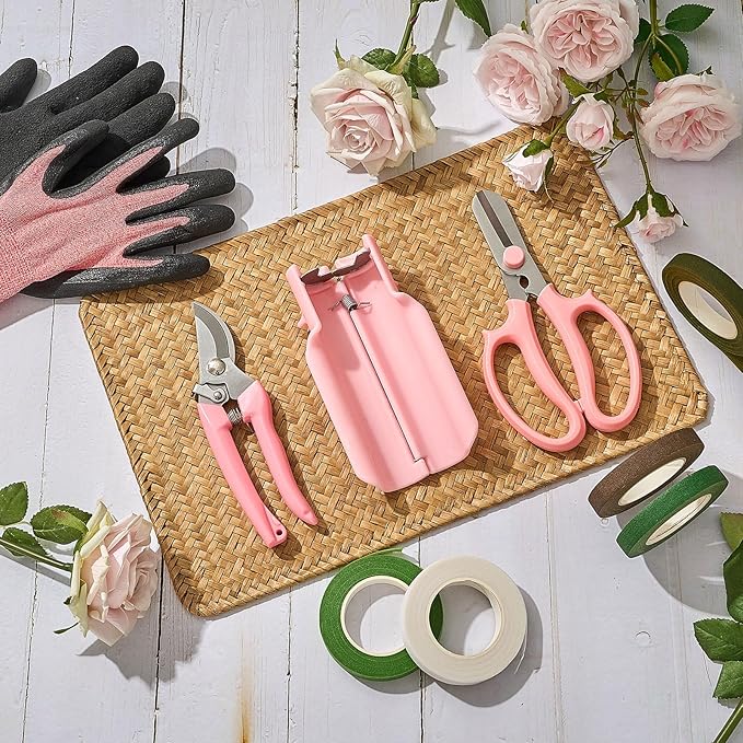 Lasnten 9 Pcs Rose Stripper Thorn Remover Set Include 1 Rose Thorn Stripper Tool 5 Floral Tape 1 Flower Scissor 1 Curve Gardening Scissors 1 Pair Gardening Gloves for Home Wedding Florist(Pink)