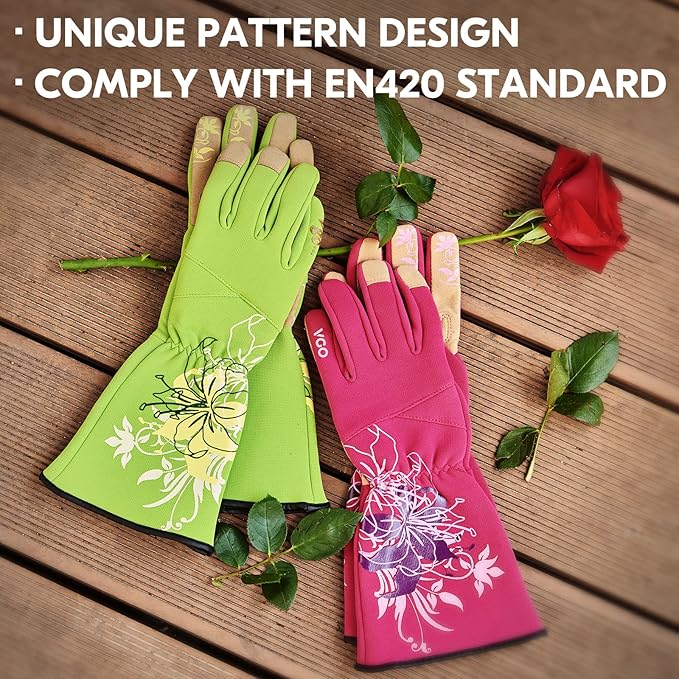 Vgo... 1-Pair Ladies' Synthetic Leather Gardening Gloves, Long Sleeves Gauntlet, Breathable & Grip Work Gloves, High Dexterity, Washable (Size M, Green, SL7445)