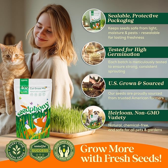 Cat Grass Seed Mix – 4 oz Pack with 5,200 Non-GMO Heirloom Seeds for Cats, Barley, Oat, Rye & Wheatgrass for Indoor Growing, Fresh Pet Grass for Digestion & Hairball Control