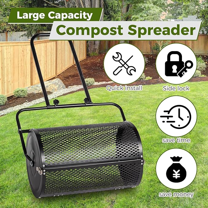 Outvita Compost Spreader, 24" Wide Lawn and Garden Peat Moss Roller with Side Latches, Powder Coated Steel Mesh Basket for Spreading Manure Mulch Topsoil
