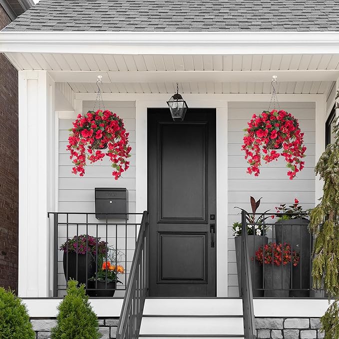 Artificial Hibiscus Fake Hanging Flowers Plants for Outdoors Spring Summer Decoration, 2pcs Red Silk Hibiscus Long Trailing Vines UV Resistant Realistic Faux Flower for Outside Front Door Porch Patio