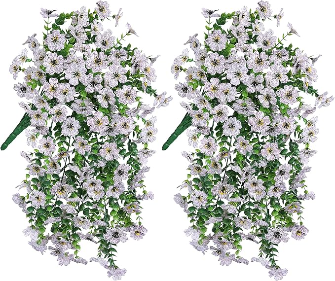 INSPRING Artificial Faux Outdoor Outside Flowers Plants, 2 PCS Fake Silk UV Resistant Look Real White Daisy Trailing Vines for Front Door Porch Planter Urn Patio Balcony Decoration