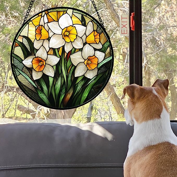 Stained Glass Window Hanging, Yellow and White Daffodils Sun Catcher for Door Home Decor Plants Flowers Suncatcher Christmas Mother's Day Birthday Gifts for Women Men Mom Nana 6.3 in