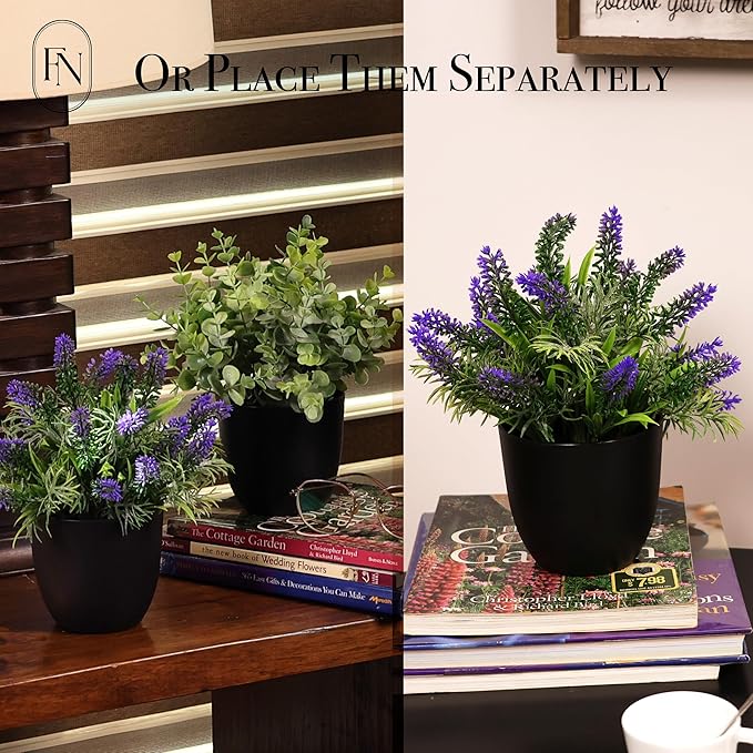 3 PACK 10" H Artificial Plant Greenery Pot (9" W Potted Greenery: Fake Faux Lavender Eucalyptus Boxwood) for Home Decoration Shop Decor Office Desk Dining Table Kitchen Washroom Garden Party Wedding