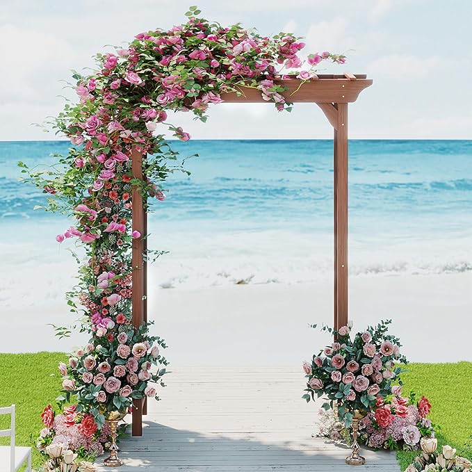 Outdoor Wooden Arch Pergola for Garden, Backyard, Patio & Wedding (Dark Brown, 63" W x 85.5" H)
