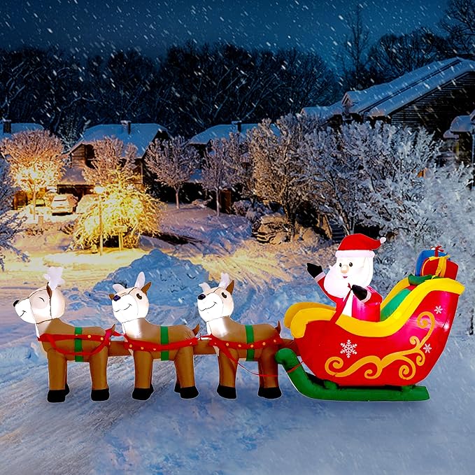 9.5 FT Christmas Inflatable Santa Claus on Sleigh with 3 Reindeer, Blow Up Santa, Christmas Inflatable Outdoor Decorations with Built-in LED Lights for Indoor, Garden, Lawn, Holiday, Party