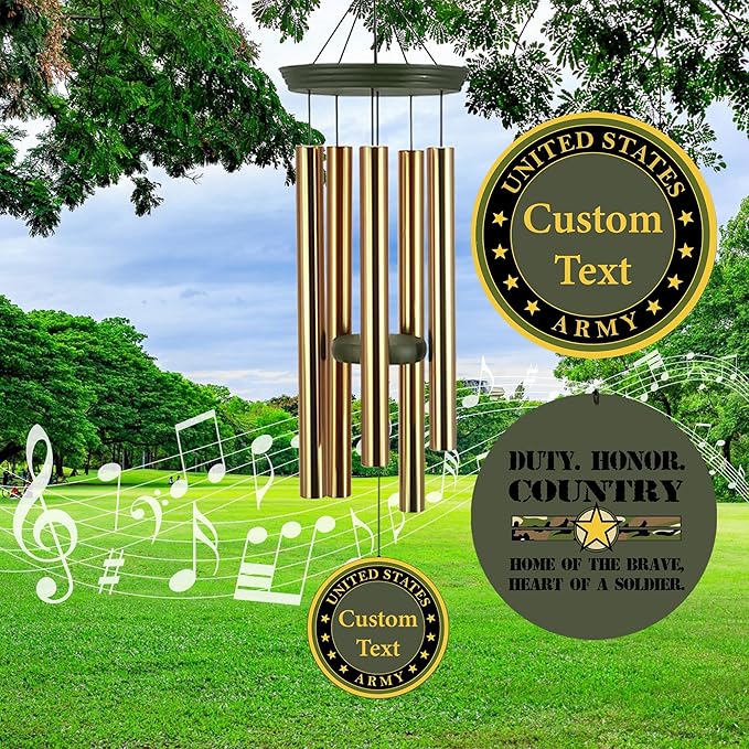Deep Tone Wind Chimes for Army Soldiers Memory Gifts, Personalized Name/Date/Text Wind Chimes for US Military, Sympathy Gifts for Veteran, Veterans Day Gift(Produced in USA)