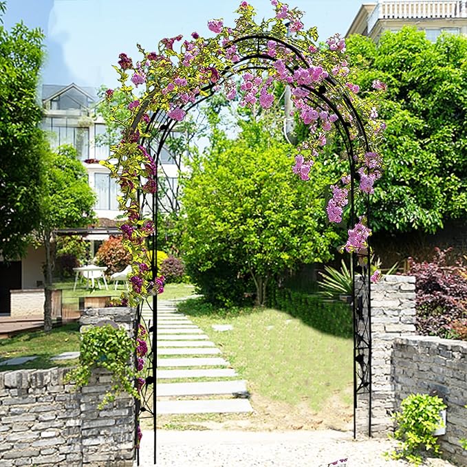 Metal Garden Arch, Assembly Garden Arbor Trellis Climbing Plants Support Rose Arch Outdoor Wedding Arch Party Events Archway (W59'' x H98.4'', Black)