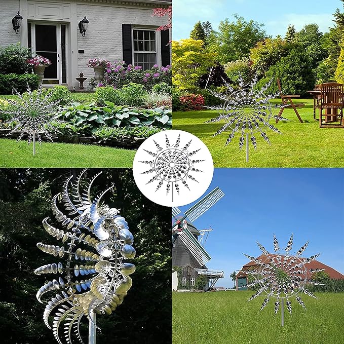 Magical Metal Windmill, Stainless Steel Windmill,Kinetic Metal Wind Spinners Garden Stake, 3D Wind Sculptures Move with The Wind Lawn Solar Wind Catcher Outdoor Patio Garden Decoration (SILVER-1PCS)