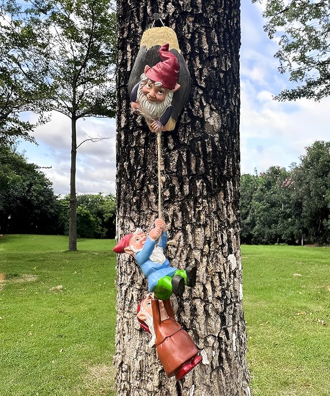 Teaeeno Garden Gnome Statue Set,Gnome Climbing Tree and Tree Stump Decor,Vivid Fairy Gnome Outdoor Sculpture,Whimsical Gnomes Miniature Figurines,Micro Gnome Landscape Figurine for Lawn Balcony Patio