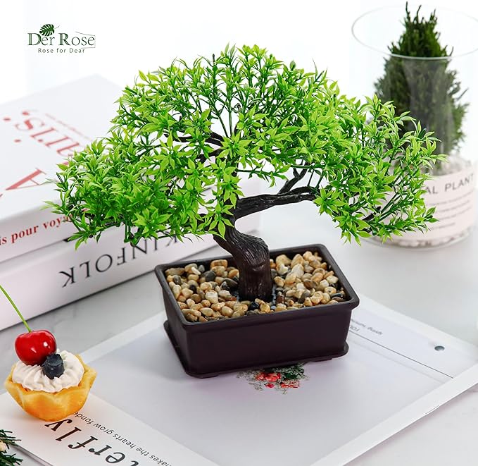 Der Rose 8'' Artificial Bonsai Tree Small Fake Potted Plants for Mens Zen Japanese Home Office Desk Bathroom Shelf Decor Indoor