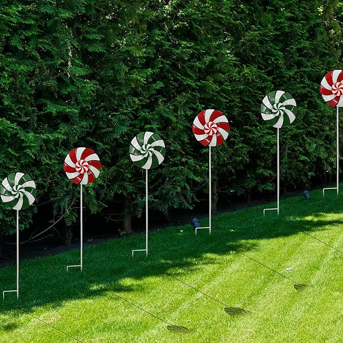 5pcs Wind Spinners Metal Colorful Flowers Garden Stake, Christmas Lollipop Pinwheels, 27" Metal Windmill Yard Art Lawn Ornaments Outside Decorations, Christmas Outdoor Decorations Gift