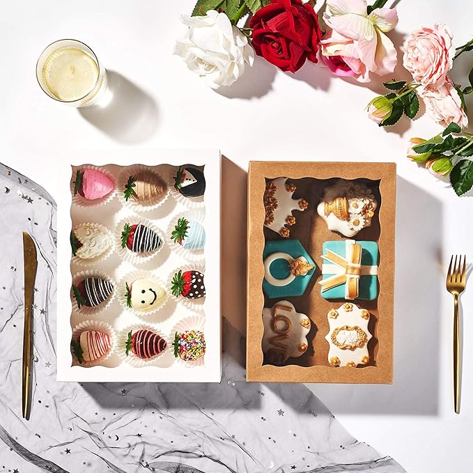 4PCS 10 x 7 x 2.5 inches Elegant Cookies Boxes, Strawberries Boxes with Display Window, White Paper Box