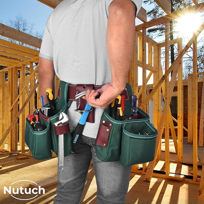 Nylon and Leather Tool Belt | Nylon Tool Pouch | Carpenter | Construction | Framers | Electrician Tool Belts | Drywall Tool Bags (GREEN)