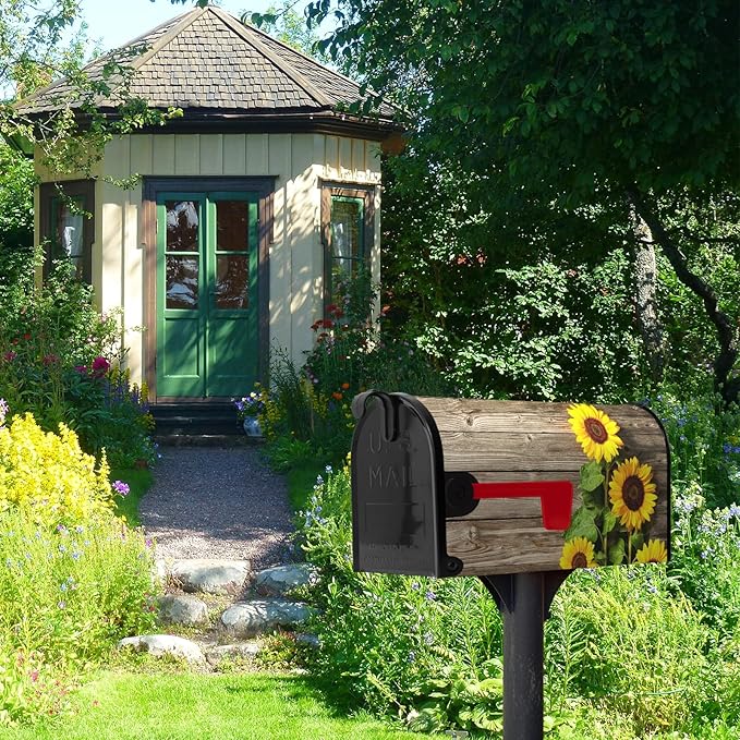 Summer Sunflowers Mailbox Covers Oversized Vintage Board Floral Mailbox Wrap Welcome Seasonal Flowers Post Letter Box Cover Mailbox Post Cover Large Size 25.5" X 21" for Garden Yard Decor