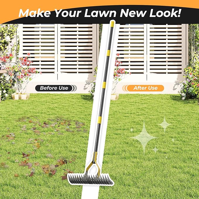 Thatch Rake, 19-Tine Lawn Leveling Dethatcher Rake with Long Adjustable Steel Metal Handle, 55“ Gardening Tools for Loosen The Soil,Laying Sod, Removing Thatch and Cleaning Leaves