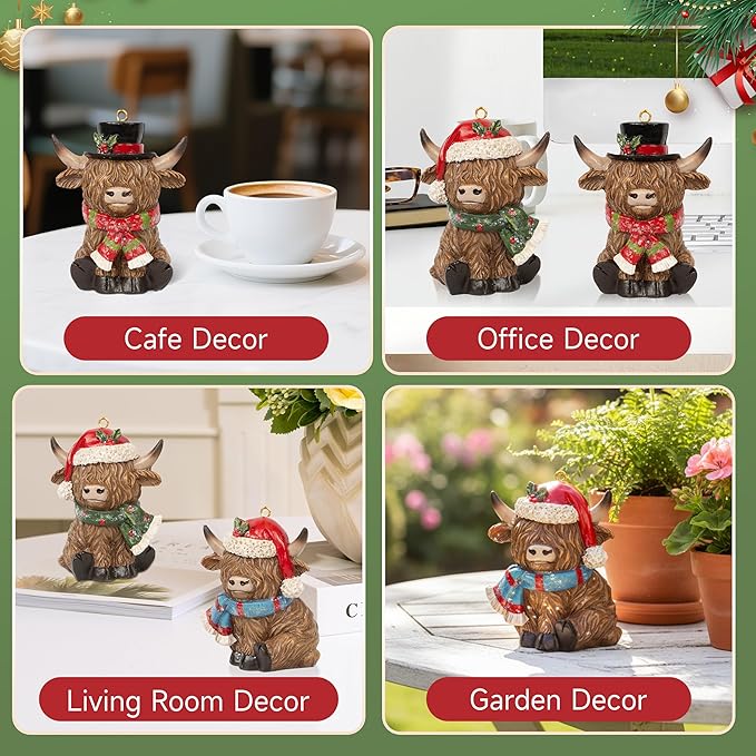 Christmas Highland Cow Figurines Decor, 3 PCS Small Christmas Cows with Scarf, Hanging Ornaments Xmas Resin Statue for Garden Bathroom Kitchen Home Table Decorations
