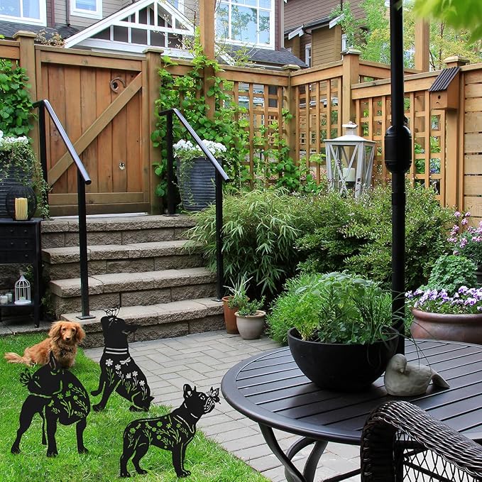 3 Pcs Metal Dog Garden Decor for Outside 12" Puppy Garden Stake Black Silhouette Statues Outdoor Decoration for Animal Lovers Gifts Women Men Patio Lawn Lawn Yard Art(Bulldog)