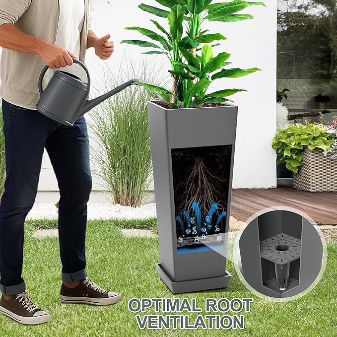 Set of 2 Tall Planters with Drainage Tray, 24 Inch Large Flower Pots for Indoor Outdoor Plants Mordern Planter Weather-Resistant for Patio, Front Door Decor, Garden (Gray)