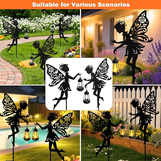 Solar Fairy Garden Statues Outdoor Decor, 2 Pack Metal Fairy Figurine Light Stake,Christmas Housewarming Ornament for Patio, Lawn, Yard, Pathway - Unique Gift Ideas for Gardening Mom Grandma Birthday