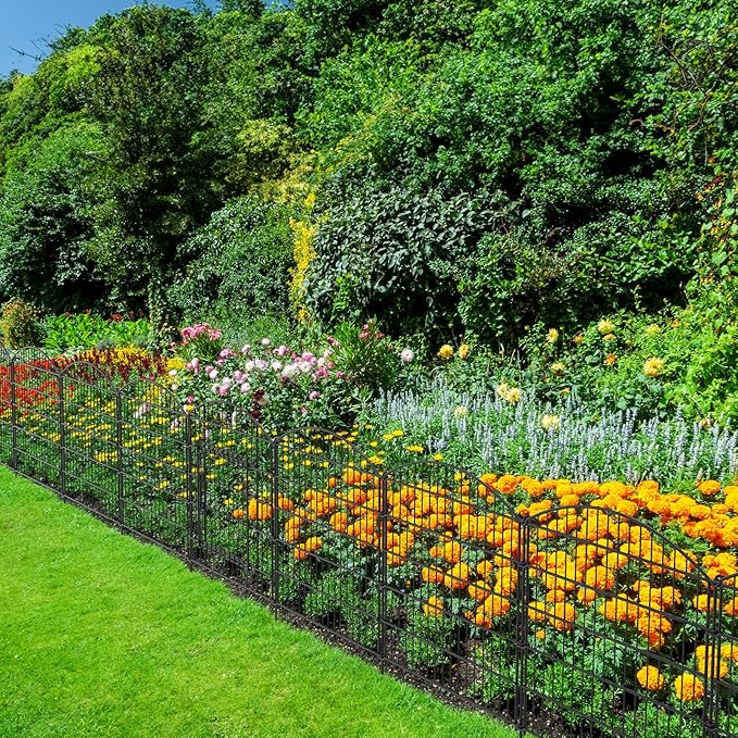 10 Panels Tall Decorative Garden Fence with Gate, 23.6ft(L) x31.5in(H) Animal Barrier Fence for Dogs, Tall Metal Fencing Panels for Yard, Rustproof Steel Border for Garden, Patio, Lawn
