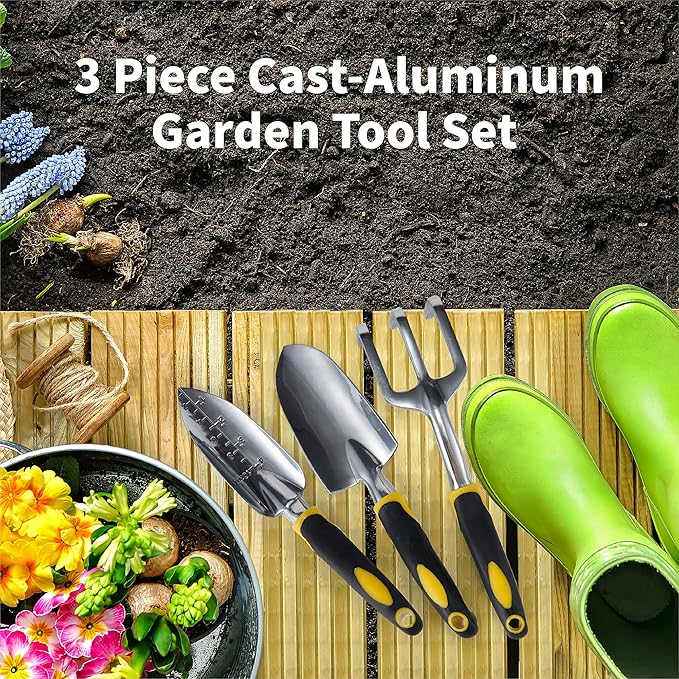āļø Gardenera 3PC Garden Tool Set with Soft Rubberized Non-Slip Handles - Hand Trowel, Transplant Trowel, Hand Rake in Polished Aluminum - Ideal for All Gardening Needs and The for Gardeners š
