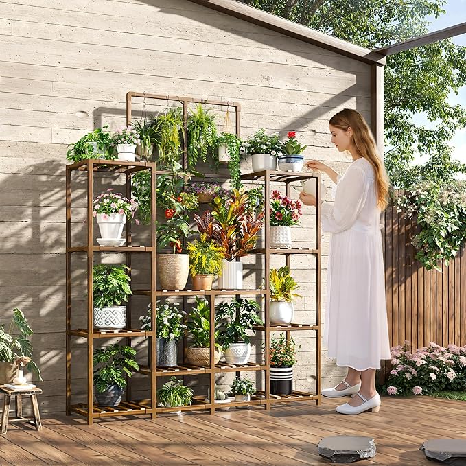 EnHomee Plant Stand Indoor Tall Plant Stand Outdoor Large Wood Plant Shelf Indoor for 18 Pots Plants,4-tiers Plant Holder for Patio Living Room Gardening Balcony 45" Wx62.1 Hx11.78 D