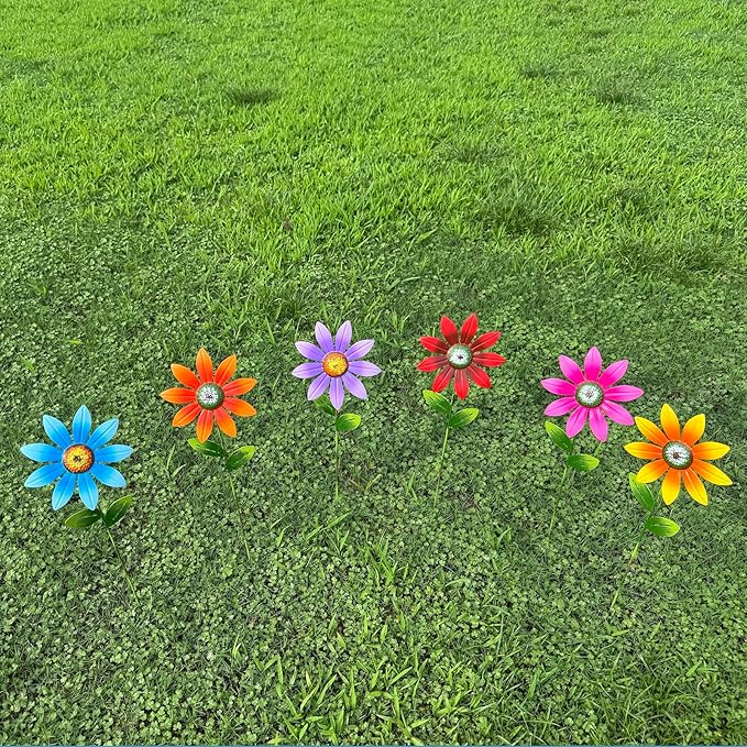 Metal Garden Flower Stakes, Outdoor Yard Art Decorations, 16.5 inch Height, Set of 6 Colorful Daisies (Angular Petals)