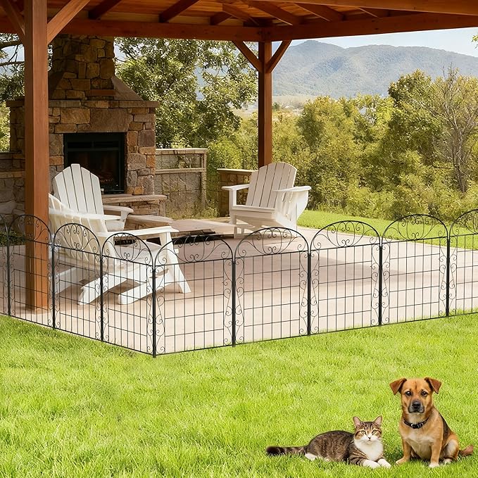 4 Panels Garden Fence Dog Fence Outdoor for Yard with Gate, 30 in(H) x 8.4 ft(L) No Dig Decorative Garden Fencing Animal Barrier, Metal Wire Panel Border for Dogs, Rabbits, Patio, Flower Bed