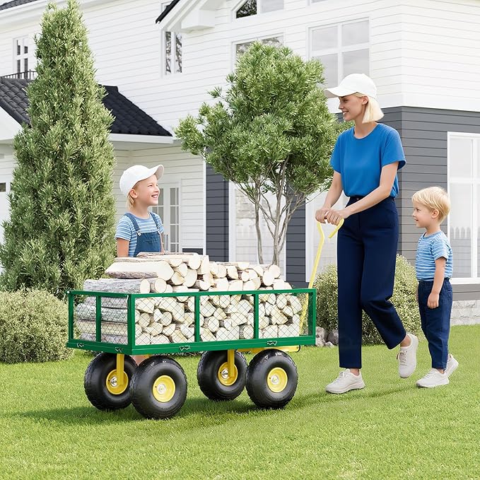 900 Lbs Garden Wagon, 2-in-1 Heavy-Duty Steel Garden Cart, with 10 Inch All-Terrain Tires and Removable Mesh Side Panels, 180° Rotating Handle, Metal Multi-Function Carts, Outdoor Gardens Wagon Cart