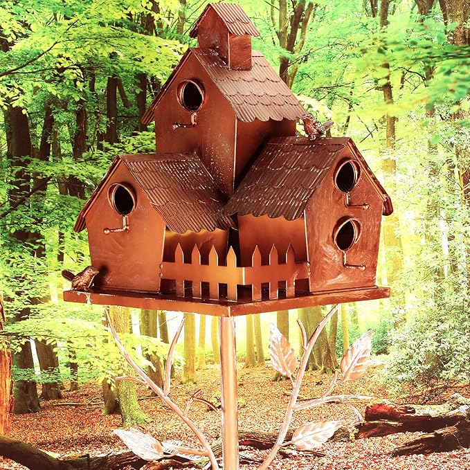 75" Large Copper Colored Multi-Birdhouse Stakes - Metal Bird Houses Stake with Pole for 4 Bird Families in Each for Outdoor Patio Yard Garden Decoration