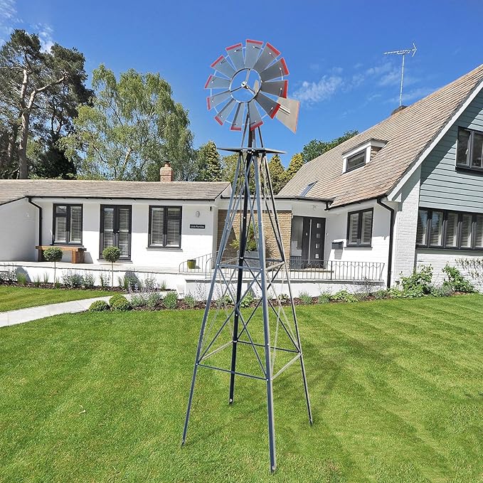 Outvita 8FT Ornamental Windmill, Heavy Duty Durable Metal Weather Vane Garden Decoration Weather Resistant for Garden, Yard, Farm, Seaside (8ft-Gray)