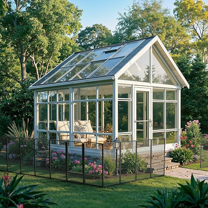 SunsGrove Garden Fence 32 in(H) x 8.9 ft(L) 4 Panels, Heavy Duty Metal Animal Barrier Fence for Dogs, Easy No-Dig Setup, Decorative Dog Fences, Black