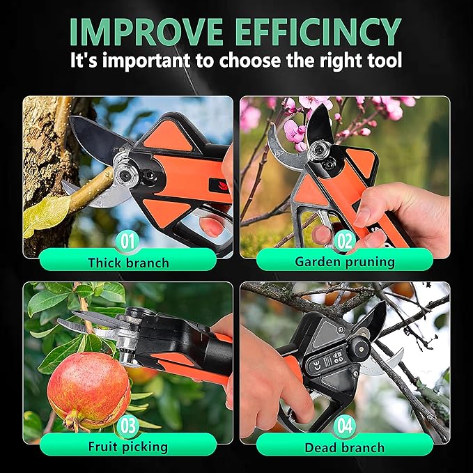 Cordless Electric Pruning Shears with LCD Display, 16.8V Brushless Motor, 1.2" Adjustable Cutting Diameter, 2Ă—2600mAh Rechargeable Batteries, SK5 Rust-Resistant Blade, Garden Tree Branch Cutter