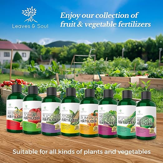 LEAVES AND SOUL Professional Liquid Cucumber Fertilizer | 5-1-5 Concentrate, Liquid Plant Fertilizer for Garden, Healthy Produce, Good Harvest, Multi-Purpose Blend & Gardening Supplies | 8 oz