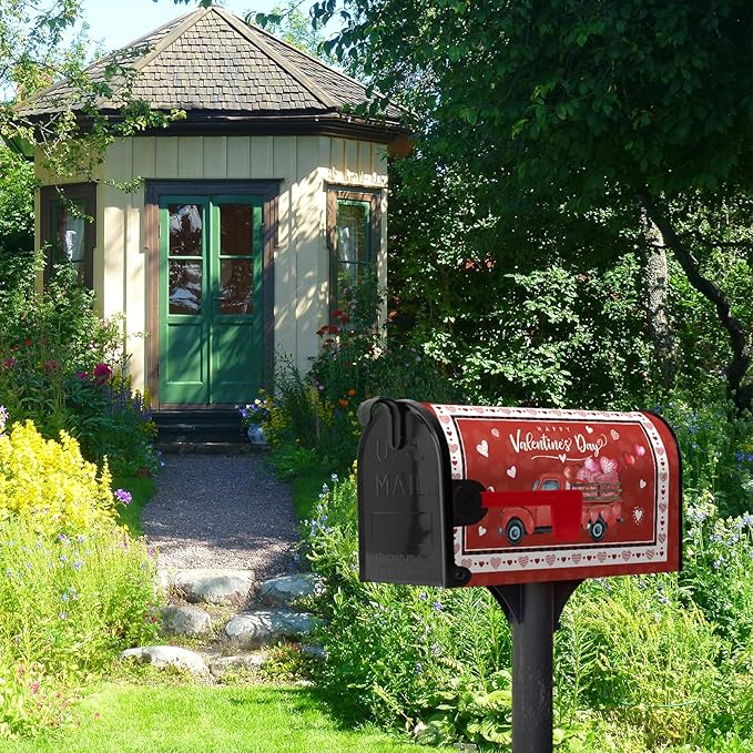 Happy Valentine's Day Mailbox Cover Red Truck and Heart Mailbox Wrap with Magnetic Strip Love Holiday Mailbox Post Letter Box Cover Standard Size 21" X 18" for Outdoor Decor