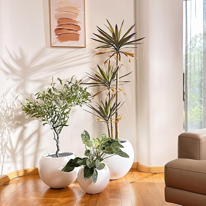 9.7" H x 12" D Globo Fiberstone Round Planter - Christmas Tree Planter, Smooth Finishes, Weather Resistant for Indoor & Outdoor Use, Included 2 Extra Coco Mats (Taupe, 7.8" Pot Opening)