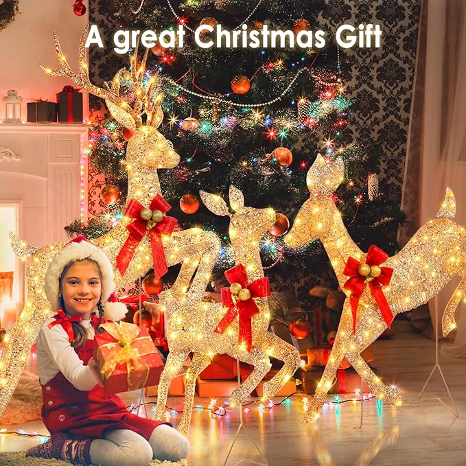 NALONE Large 3 Pieces Lighted Reindeer Family Set, 3D Christmas Deer Decoration with 210 Warm White LED Lights, 4.7 FT Pre-lit Xmas Decor Outdoor Yard with Stakes, Bow Ties, Mat