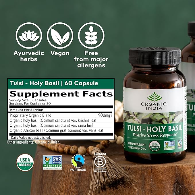 ORGANIC INDIA Tulsi Holy Basil Capsules - Holy Basil Extract - Holy Basil Leaf Supplement, Herbal Supplement, Immune Support, Stress Relief, Vegan, Gluten-Free, Kosher, Organic, Non-GMO - 60 Capsules