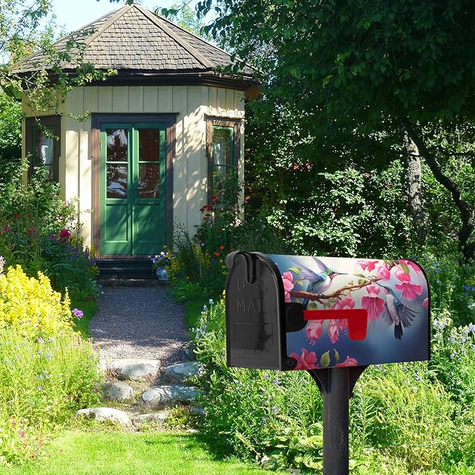 Summer Mailbox Covers Magnetic Oversized Hummingbird Flower Mailbox Post Cover Fuchsia Hybrida Floral Mailbox Wraps Bird Pink Flowers Mailbox Decor Waterproof Garden Large Size 25.5 X 21 Inch