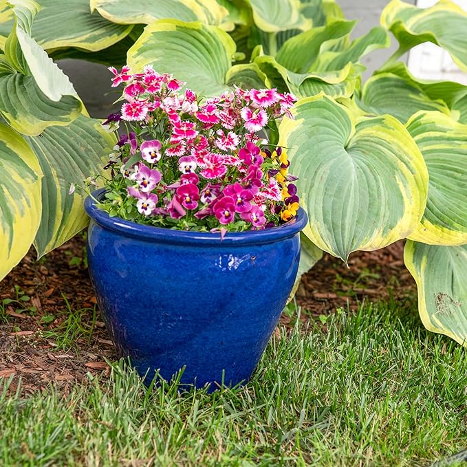 Sunnydaze Round Ceramic Planter - Set of 2 Indoor or Outdoor Plant Pots with Drainage Hole - Chalet - 12" - Imperial Blue Glaze