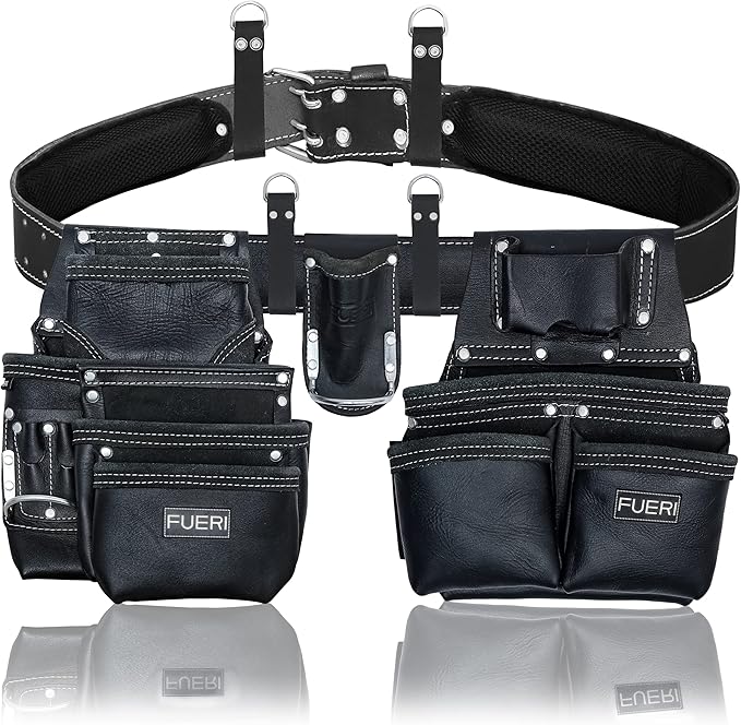 Heavy Duty 19 Pocket Leather Tool Belt Multipurpose Pockets Work Organizer Pouch Framing Fat Lip Tool Holder for Carpenter, Construction, Handyman, and Electrician Tool Belt Set