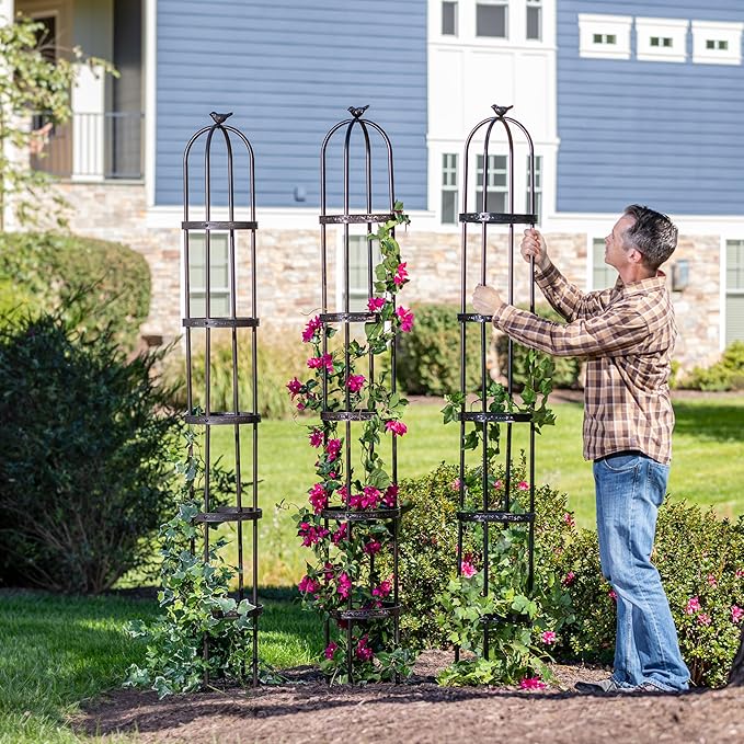 Evergreen 7 Feet Garden Metal Garden Obelisk Trellis for Climbing Plants Outdoor | Indoor Plant Trellis for Potted Plants | Floral Pattern Arch Trellis | Bronze
