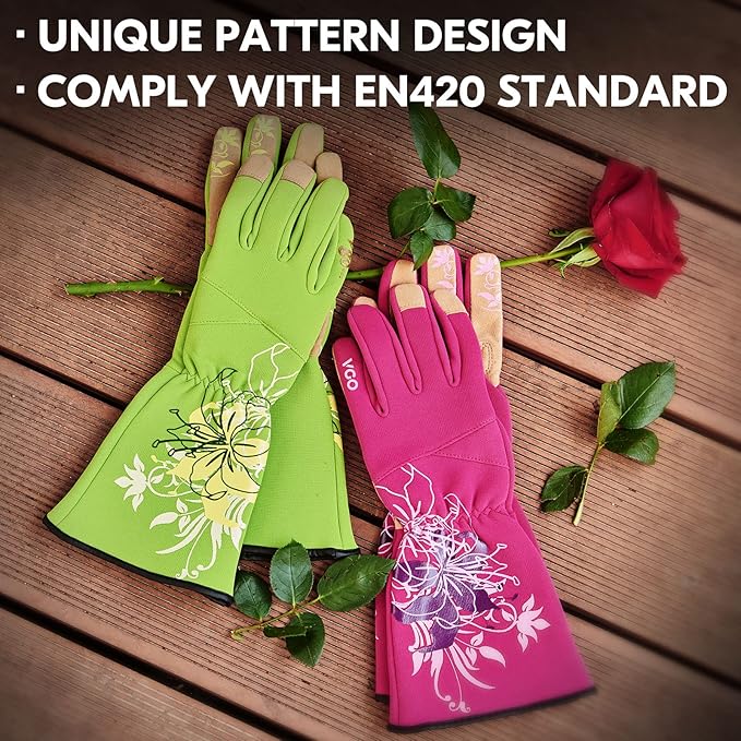 Vgo... 1-Pair Ladies' Synthetic Leather Gardening Gloves, Long Sleeves Gauntlet, Breathable & Grip Work Gloves, High Dexterity, Washable (Size S, Red, SL7445)