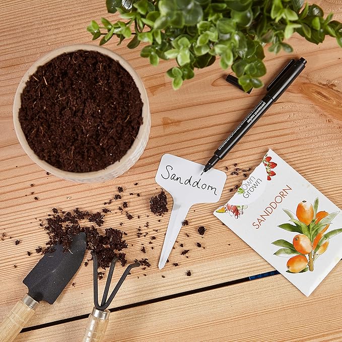 OwnGrown Plant Markers: 120 Plastic Plant Name Tags and Weatherproof Marker Pen ā Plant Labels Wooden ā Seedling Labels ā Gardening Name Tags