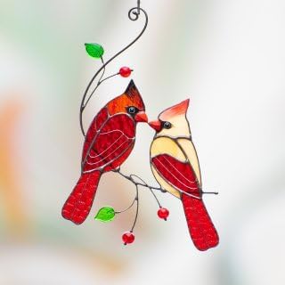 Red Northern Cardinal Birds Stained Glass Suncatcher Genuine Stained Glass Window Hangings Unique Indoor Ornament & Outdoor Decor (Style 1)