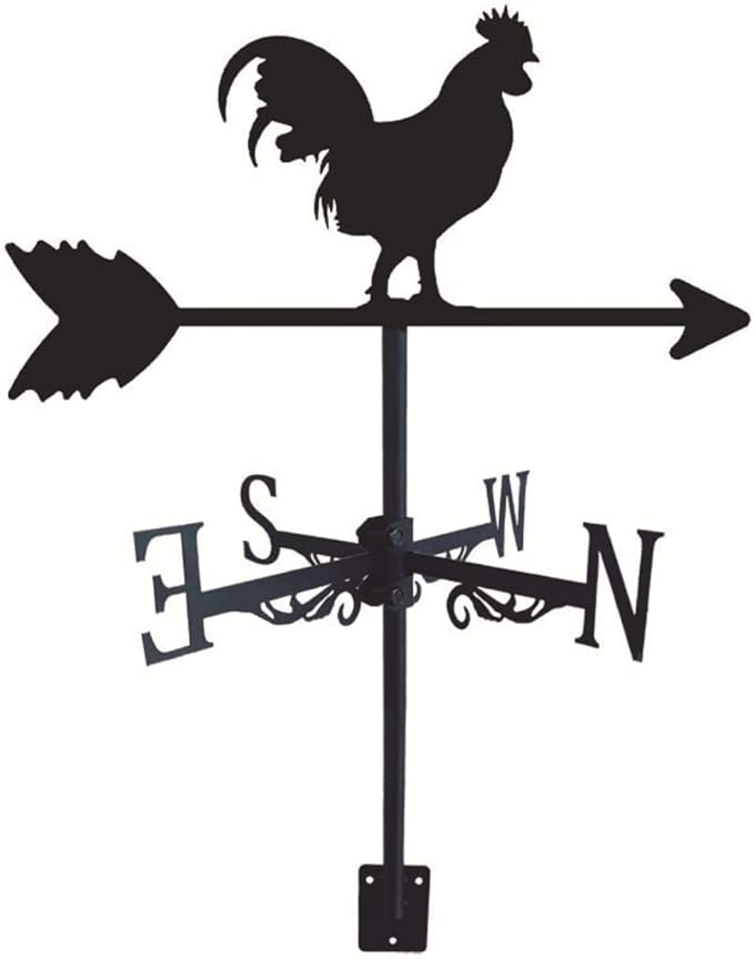 Rooster Weathervane Silhouette Art Black Metal Cock Wind Vanes Indicator Kit Outdoor Bracket for Garden Roof Yard Building (B)