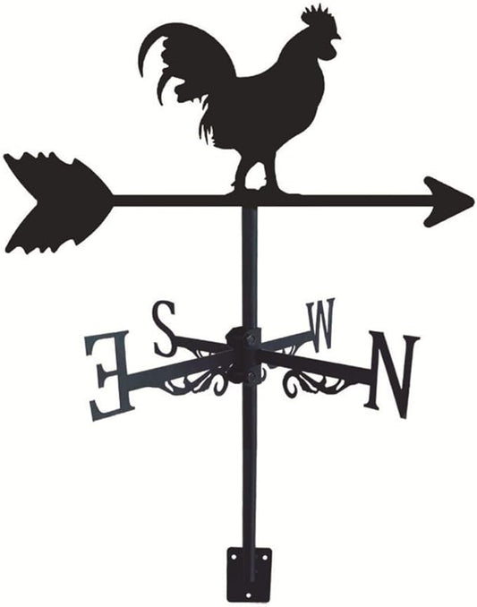 Rooster Weathervane Silhouette Art Black Metal Cock Wind Vanes Indicator Kit Outdoor Bracket for Garden Roof Yard Building (B)