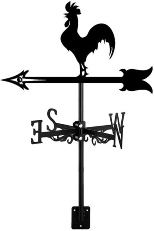 Rooster Weathervane Silhouette Art Black Metal Cock Wind Vanes Indicator Kit Outdoor Bracket for Garden Roof Yard Building (E)